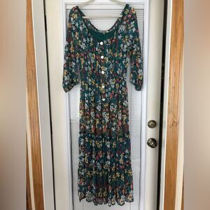 Figueroa & Flower Green Floral Chiffon Maxi Dress with Tiered Skirt Full Slip M